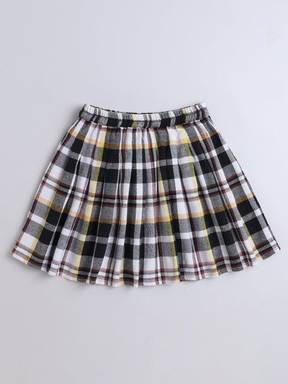 Cotton Terry Sweatshirt With Woolen Checked Skirt - Black
