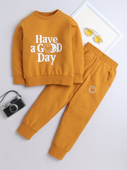 Cotton Terry Full Sleeves Have A Good Day Text Printed Sweatshirt With Joggers Set - Mustard