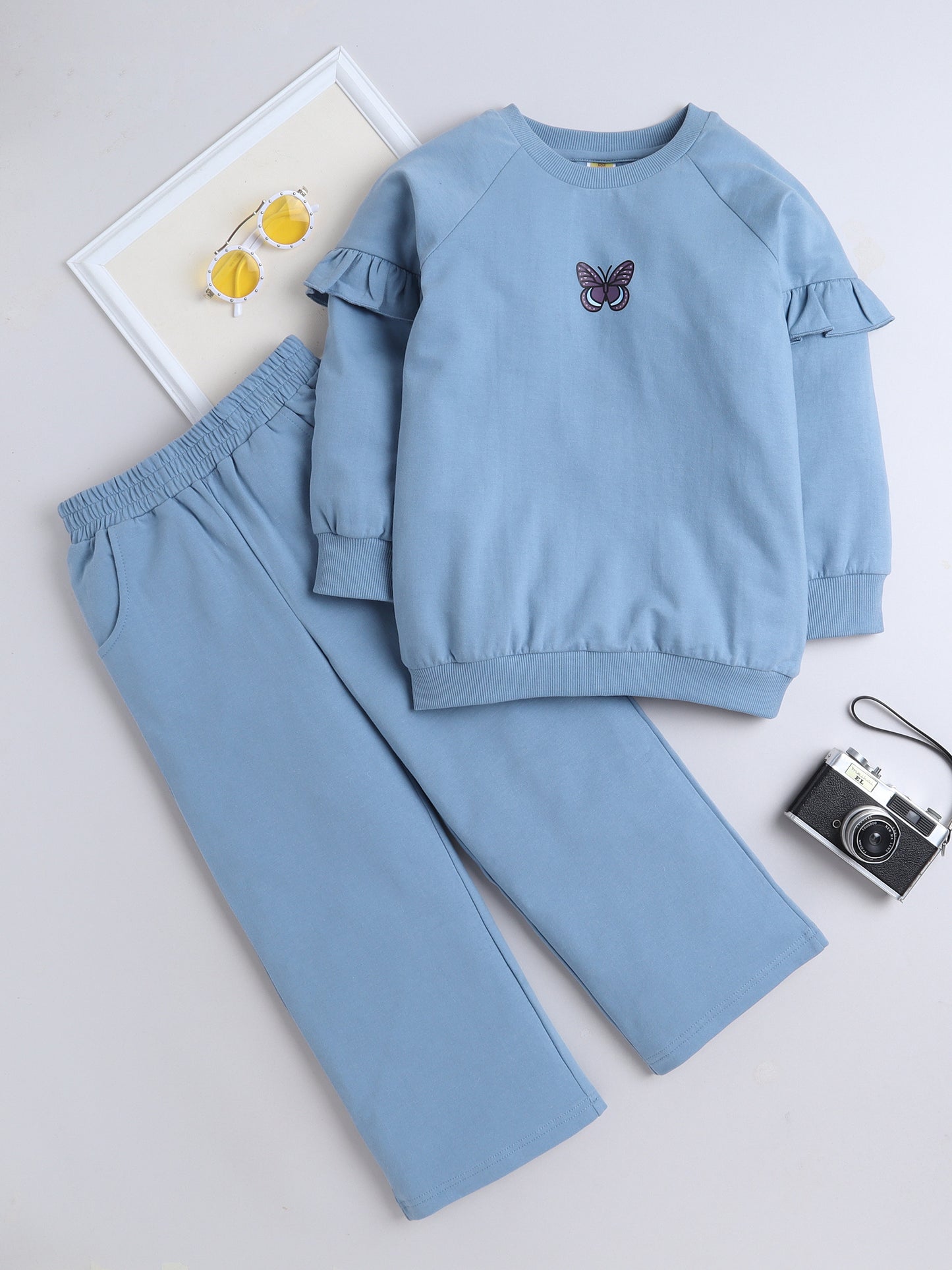 Cotton Terry Full Sleeves Butterfly Printed Sweatshirt With Joggers Set - Blue
