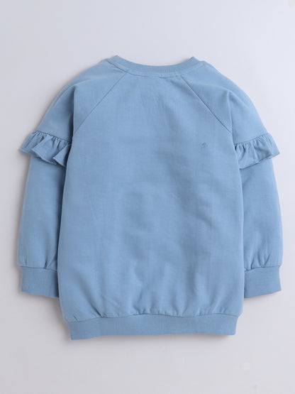 Cotton Terry Full Sleeves Butterfly Printed Sweatshirt With Joggers Set - Blue