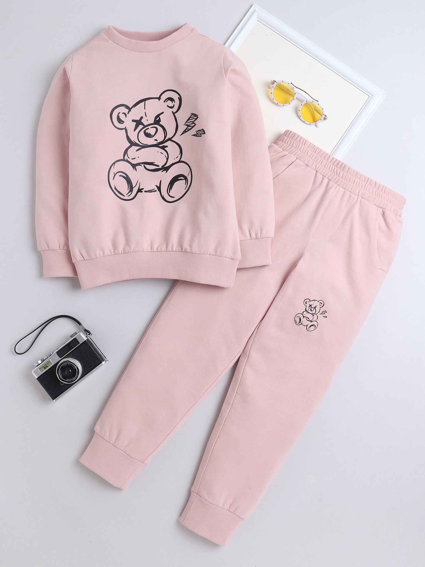 Cotton Terry Full Sleeves Teddy Bear Printed Sweatshirt With Coordinating Joggers Set