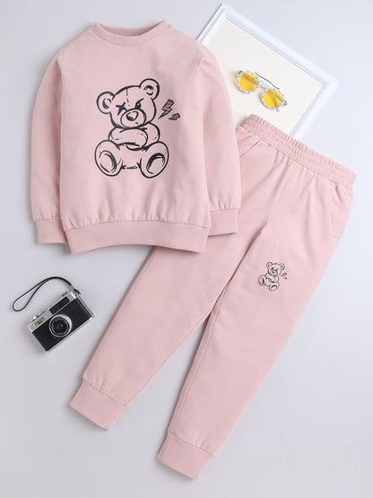 Cotton Terry Full Sleeves Teddy Bear Printed Sweatshirt With Coordinating Joggers Set