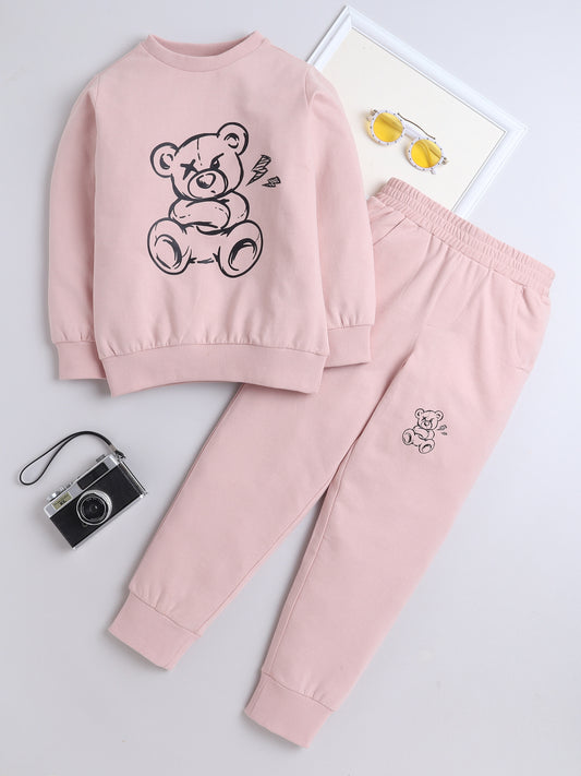 Cotton Terry Full Sleeves Teddy Bear Printed Sweatshirt With Coordinating Joggers Set