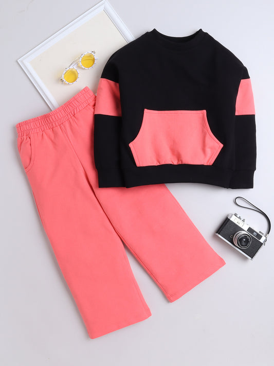 Cotton Terry Full Sleeves Colour Blocked Sweatshirt With Solid Pajama