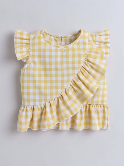 Girls Yellow Check Frill Top & Bottom Set – Playful & Trendy - Pure, Chemical-Free Kidswear