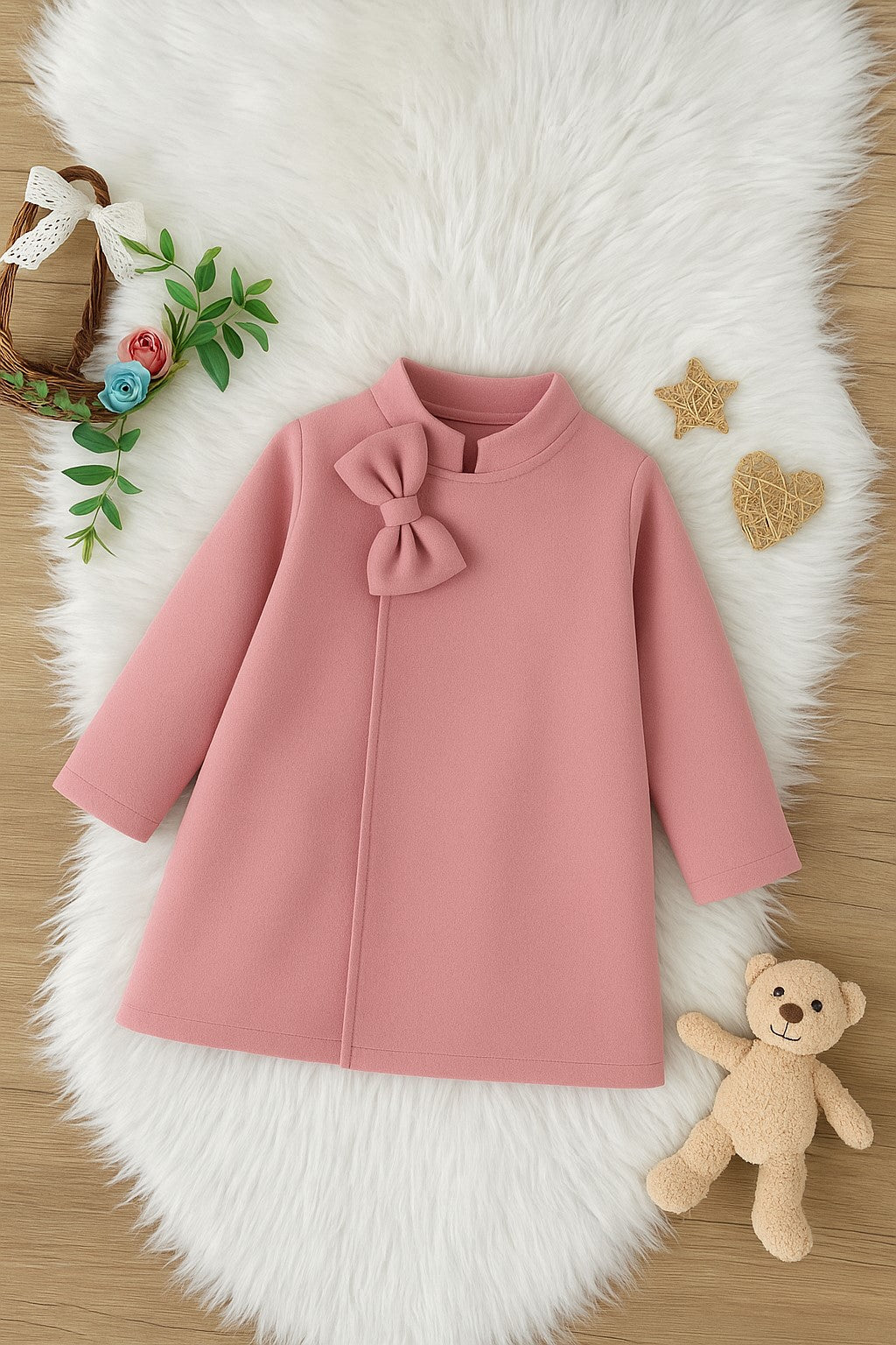 Fleece Fabric Full Sleeves Front Open Side Bow Coat