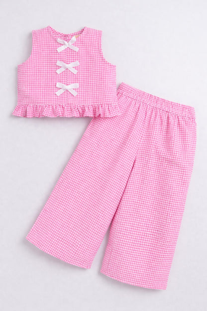 Aww Hunnnie Cotton Sleeveless Bow Design Top With Bottom Co Ords Set