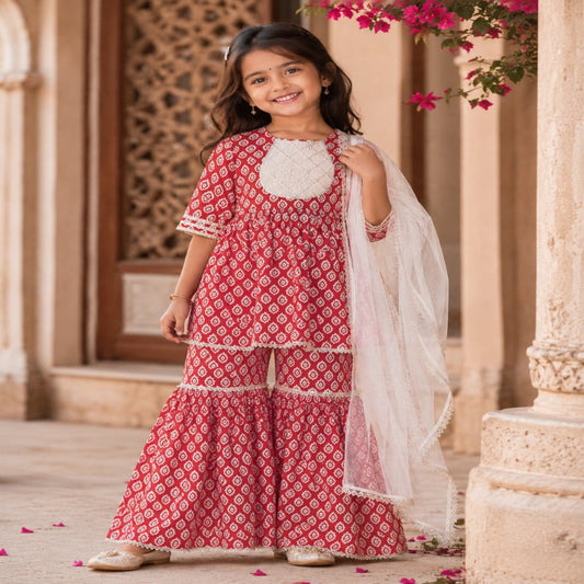 Aww Hunnie 100% Cotton Half Sleeves Kurti With Sharara And Net Dupatta