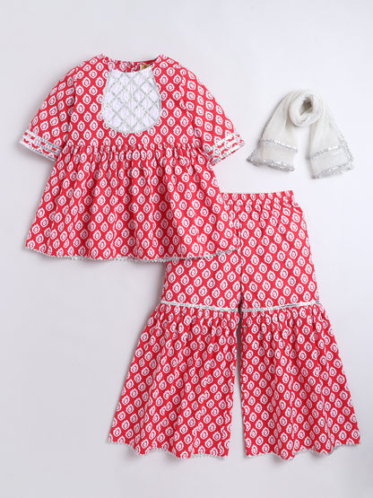 Aww Hunnie 100% Cotton Half Sleeves Kurti With Sharara And Net Dupatta