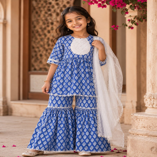 Aww Hunnie 100% Cotton Half Sleeves Kurti With Sharara And Net Dupatta