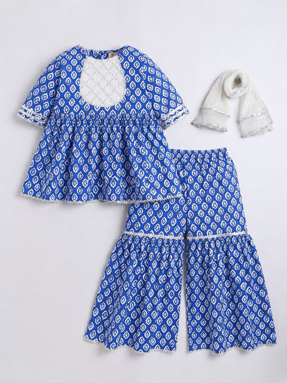 Aww Hunnie 100% Cotton Half Sleeves Kurti With Sharara And Net Dupatta