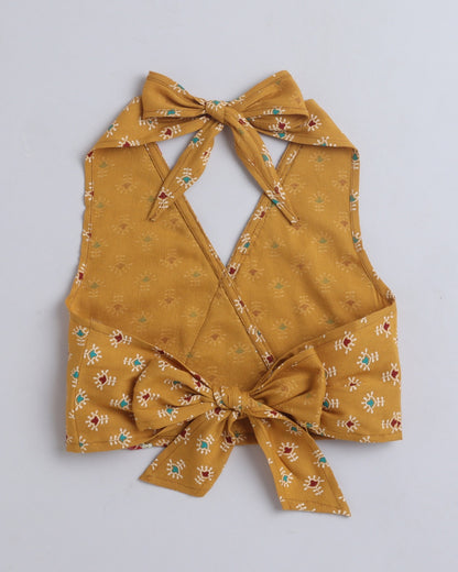 Aww Hunnie Cotton Ryon Sleeveless Back knote Crop Top With Plazzo - Mustard