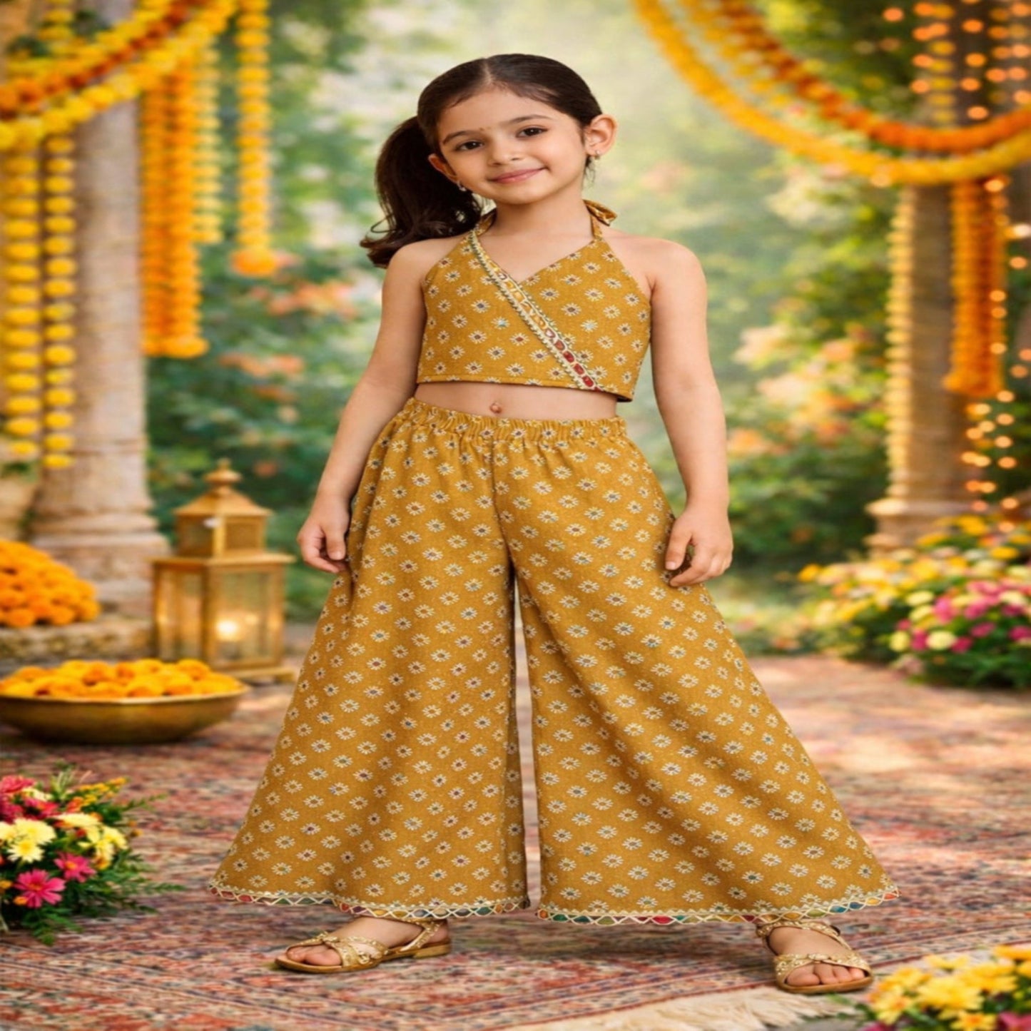 Aww Hunnie Cotton Ryon Sleeveless Back knote Crop Top With Plazzo - Mustard