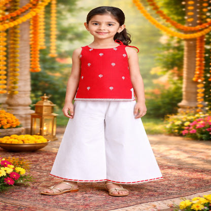 Aww Hunnie cotton Sleeveless Side knote Short kurti with Plazzo - Red