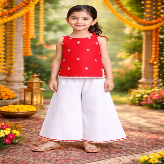 Aww Hunnie cotton Sleeveless Side knote Short kurti with Plazzo - Red