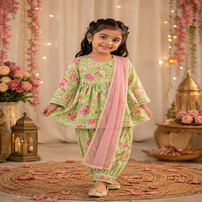 Aww Hunie 100% Cotton Half Sleeves Peplum Kurti With Afgani Salwar And Dupatta