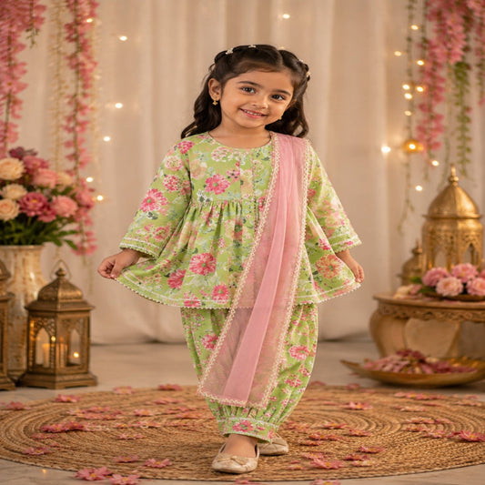 Aww Hunie 100% Cotton Half Sleeves Peplum Kurti With Afgani Salwar And Dupatta