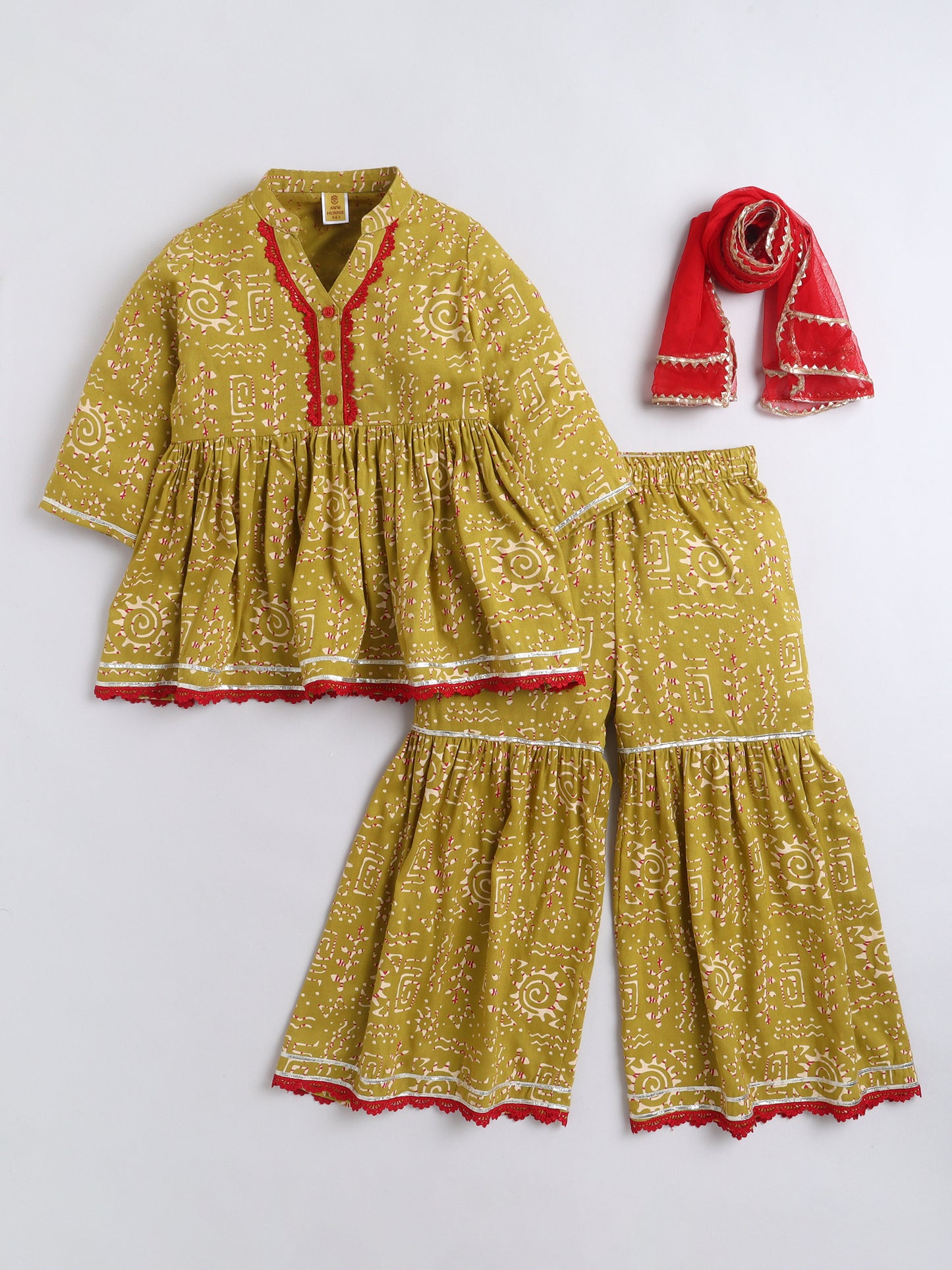 Aww Hunnie Cotton Ryon 3/4th Sleeves Kurti With Sharara And Dupatta
