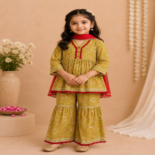 Aww Hunnie Cotton Ryon 3/4th Sleeves Kurti With Sharara And Dupatta