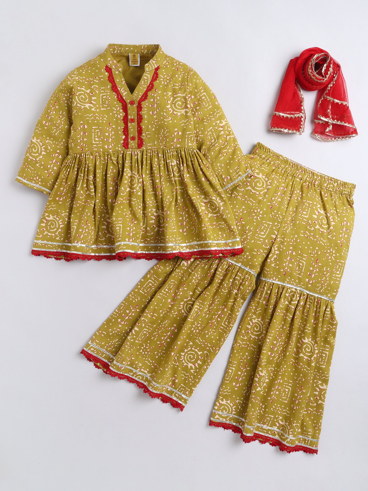 Aww Hunnie Cotton Ryon 3/4th Sleeves Kurti With Sharara And Dupatta