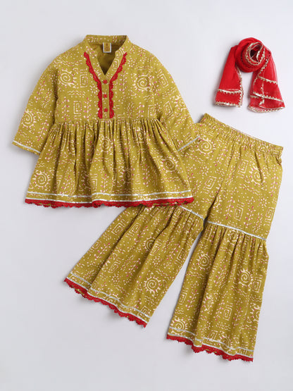 Aww Hunnie Cotton Ryon 3/4th Sleeves Kurti With Sharara And Dupatta