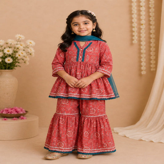 Aww Hunnie Cotton Ryon 3/4th Sleeves Kurti With Sharara And Dupatta