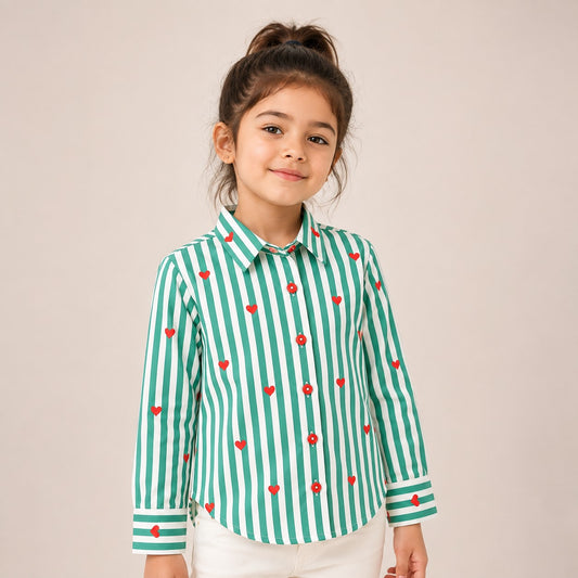 AwwHunnie 100% Cotton Full sleeves Heart Print Front Open Shirt