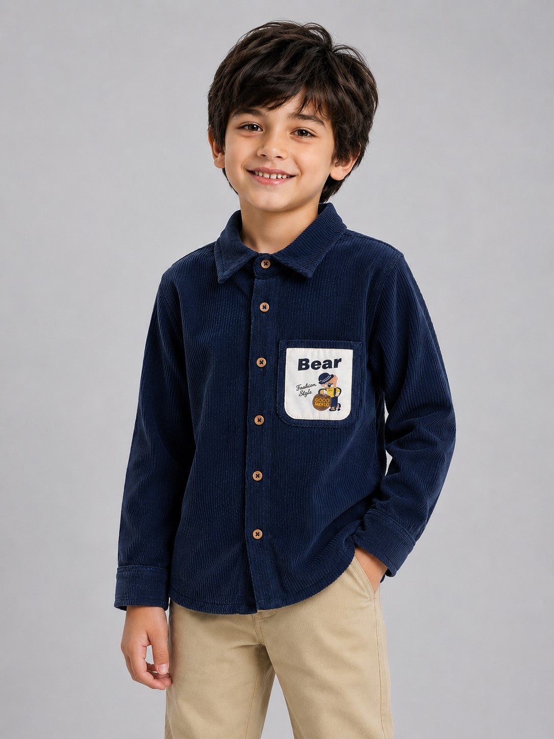 AwwHunnie Corduroy Fabric Full Sleeves Embrodery Pocket Design Shirt