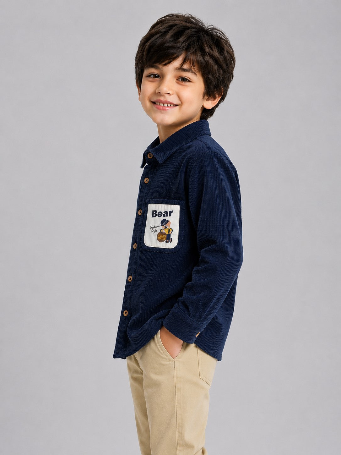 AwwHunnie Corduroy Fabric Full Sleeves Embrodery Pocket Design Shirt