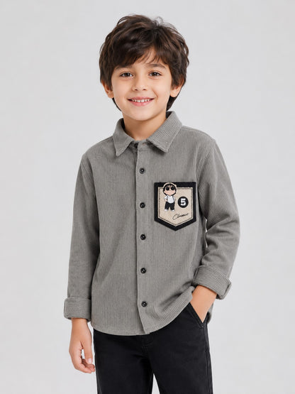 AwwHunnie Corduroy Fabric Full Sleeves Embrodery Pocket Design Shirt
