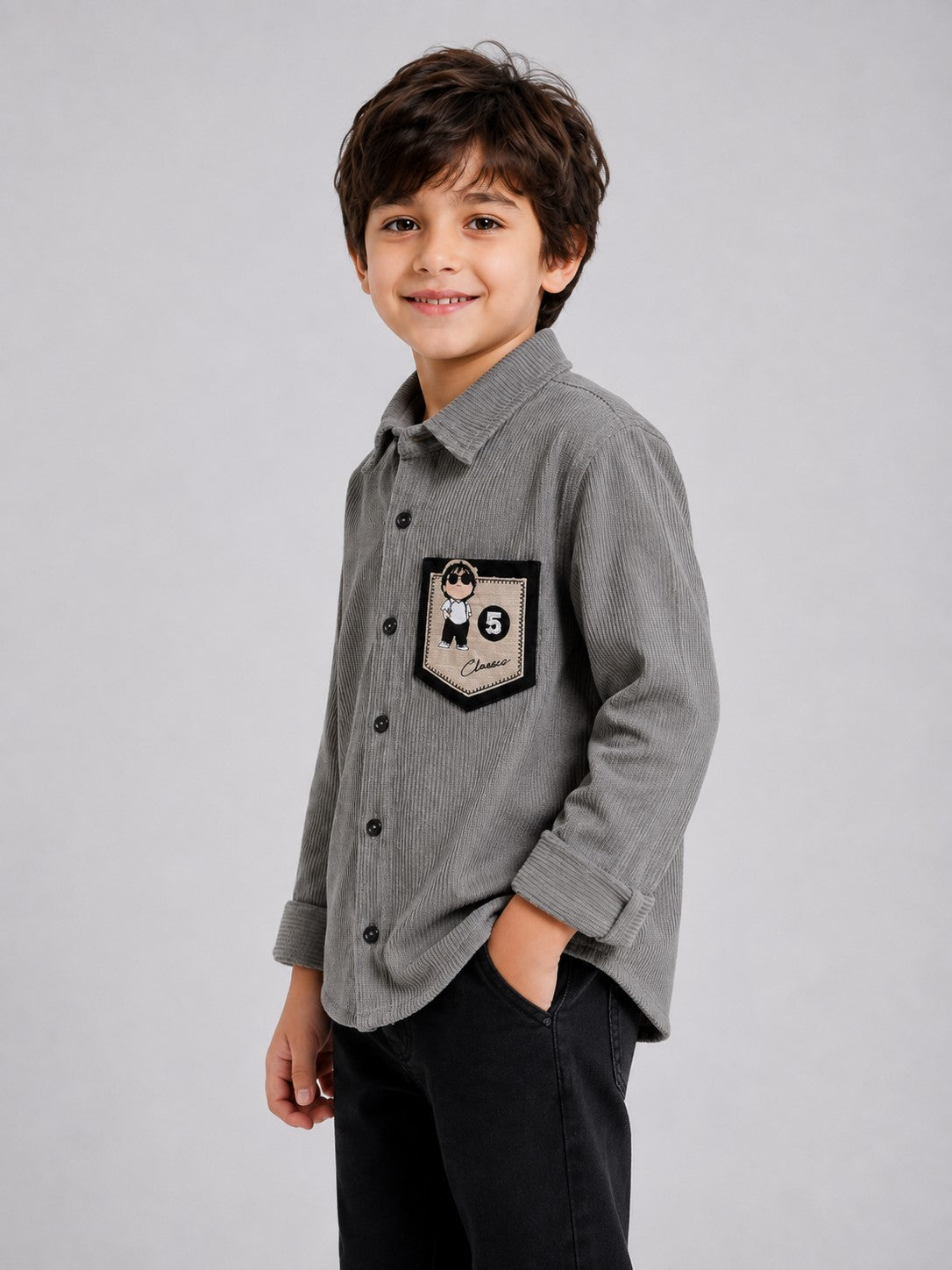 AwwHunnie Corduroy Fabric Full Sleeves Embrodery Pocket Design Shirt