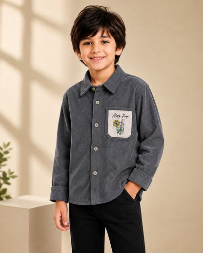 AwwHunnie Corduroy Fabric Full Sleeves Embrodery Pocket Design Shirt