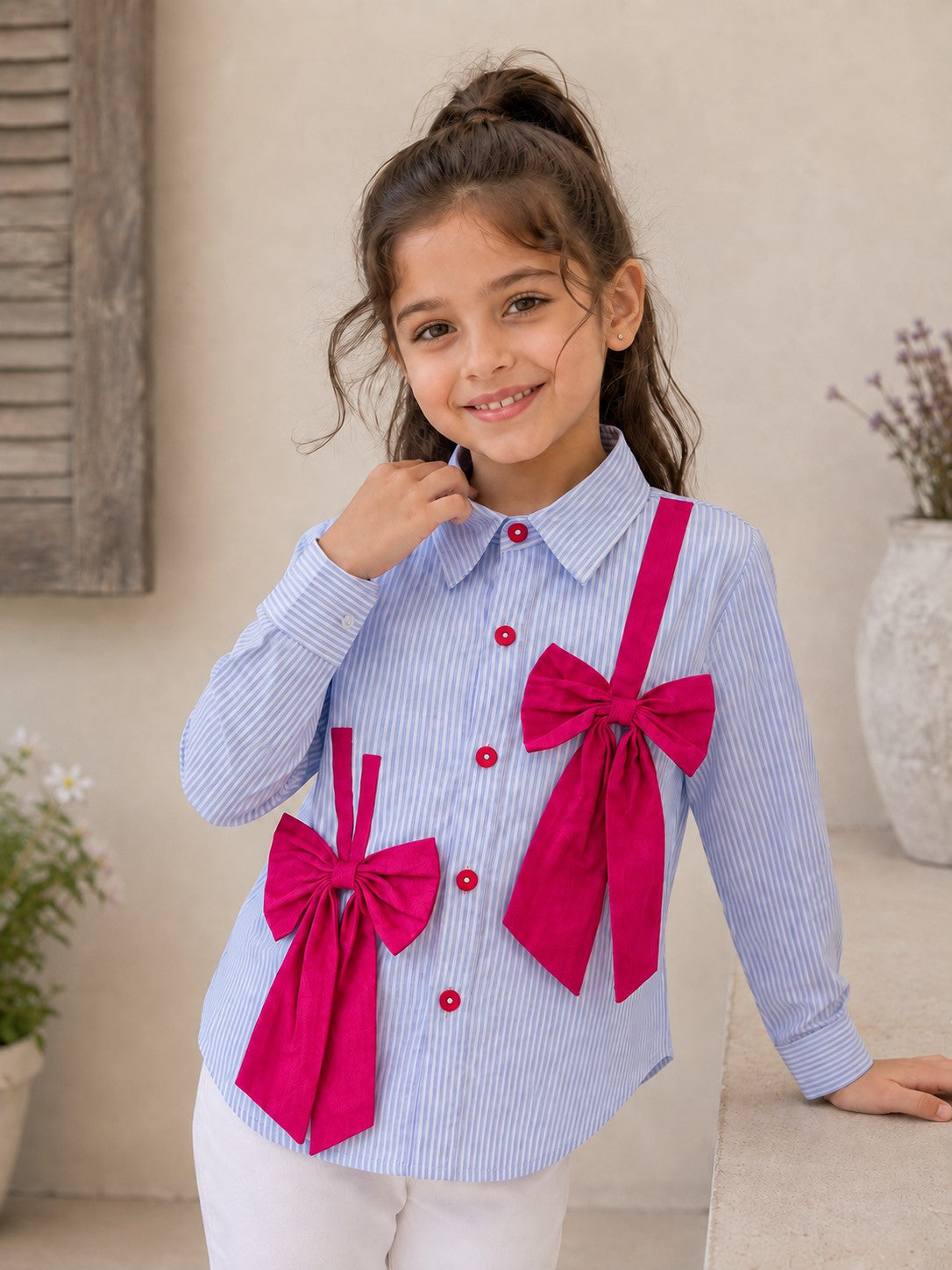 Aww Hunnie Cotton Full sleeves Bow Charm High-Low Shirt