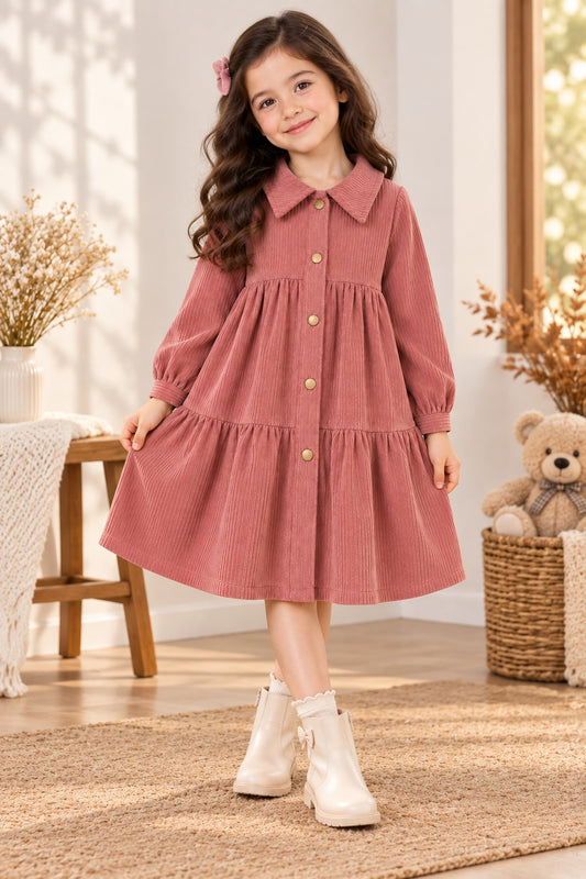 Aww Hunnie Imported Courdroy Full Sleeves  Collar Front Button Style Pre  Winter Dress