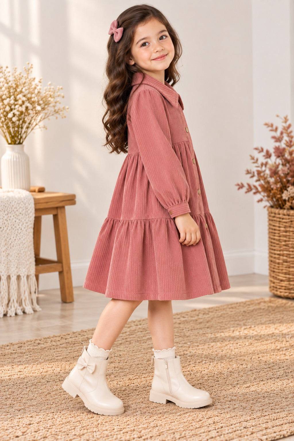 Aww Hunnie Imported Courdroy Full Sleeves  Collar Front Button Style Pre  Winter Dress