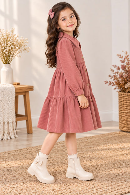 Aww Hunnie Imported Courdroy Full Sleeves  Collar Front Button Style Pre  Winter Dress