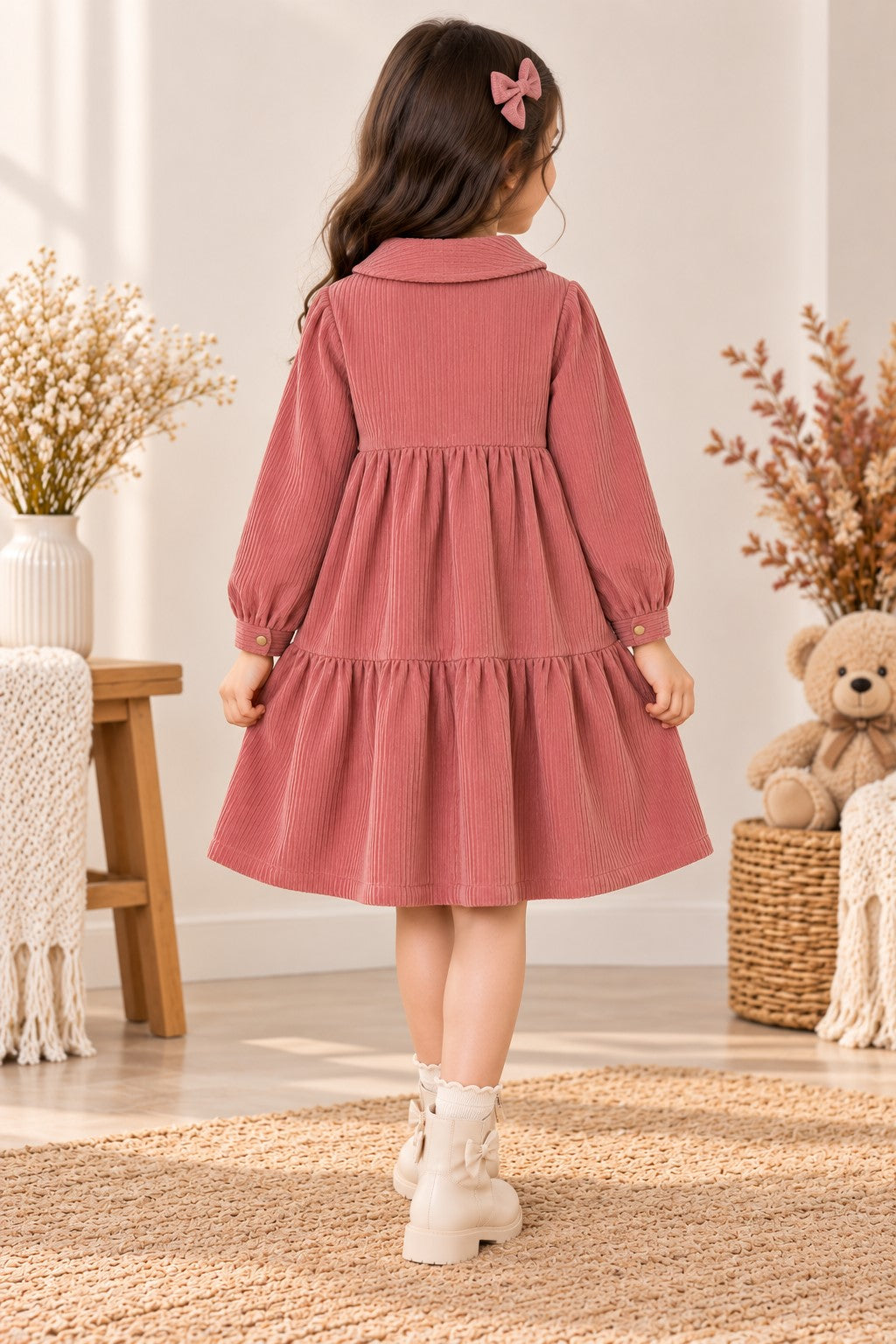 Aww Hunnie Imported Courdroy Full Sleeves  Collar Front Button Style Pre  Winter Dress