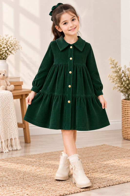 Aww Hunnie Imported Courdroy Full Sleeves  Collar Front Button Style Pre  Winter Dress