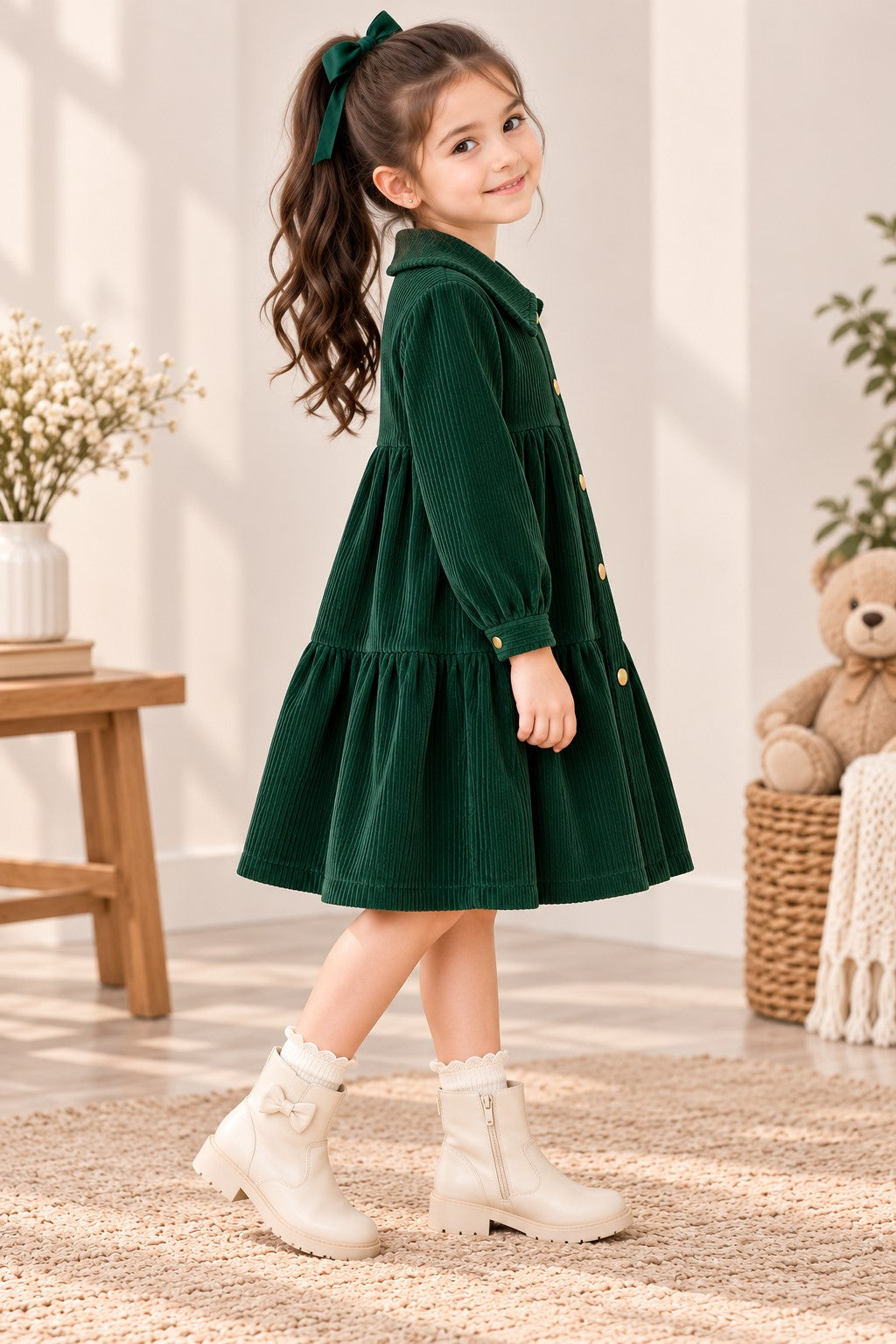 Aww Hunnie Imported Courdroy Full Sleeves  Collar Front Button Style Pre  Winter Dress