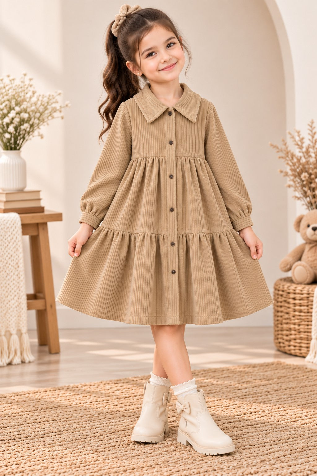 Aww Hunnie Imported Courdroy Full Sleeves  Collar Front Button Style Pre  Winter Dress
