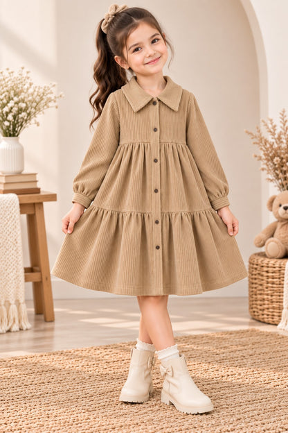 Aww Hunnie Imported Courdroy Full Sleeves  Collar Front Button Style Pre  Winter Dress
