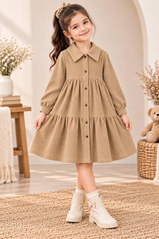Aww Hunnie Imported Courdroy Full Sleeves  Collar Front Button Style Pre  Winter Dress