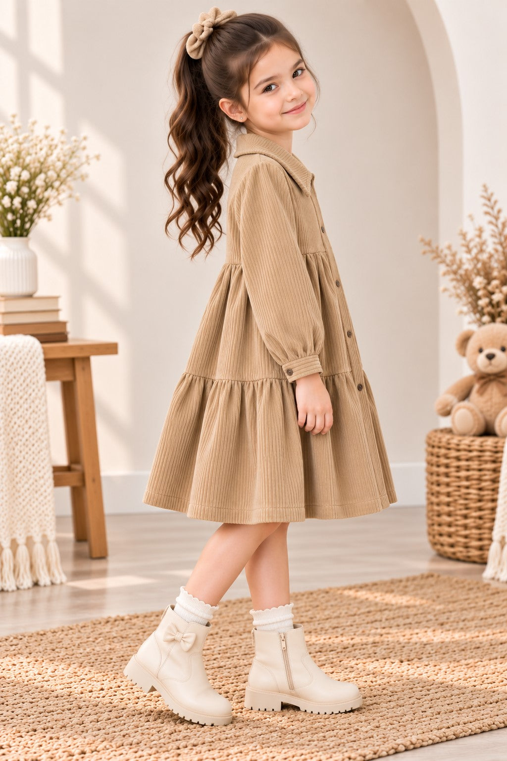Aww Hunnie Imported Courdroy Full Sleeves  Collar Front Button Style Pre  Winter Dress