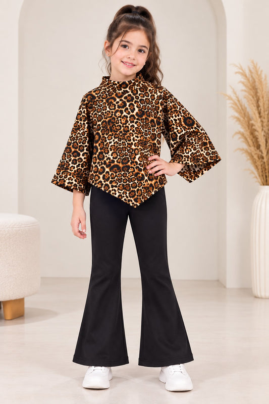 Aww Hunnie Poly wollen Full Sleeves Animal Print Top With Bell Bottom Set