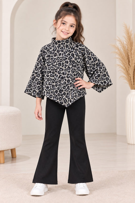 Aww Hunnie Poly wollen Full Sleeves Animal Print Top With Bell Bottom Set