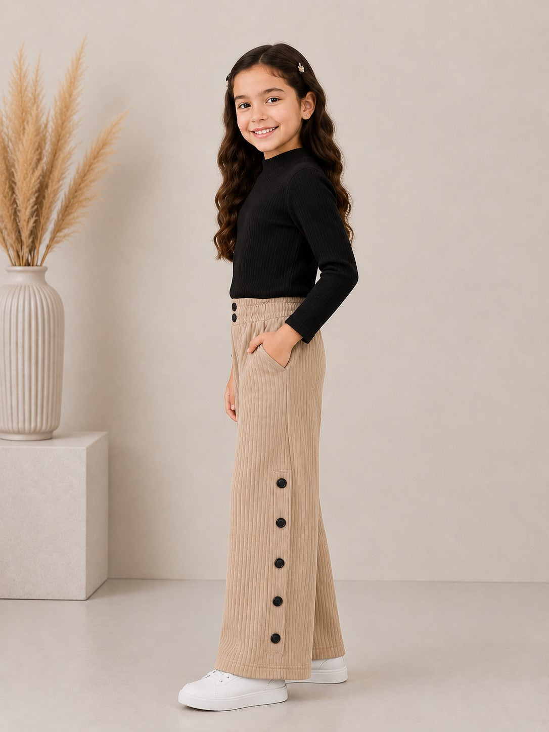 Aww Hunnie Poly wollen Full Sleeves High Neck Solid Top With Poly Cordroy Bottom Set