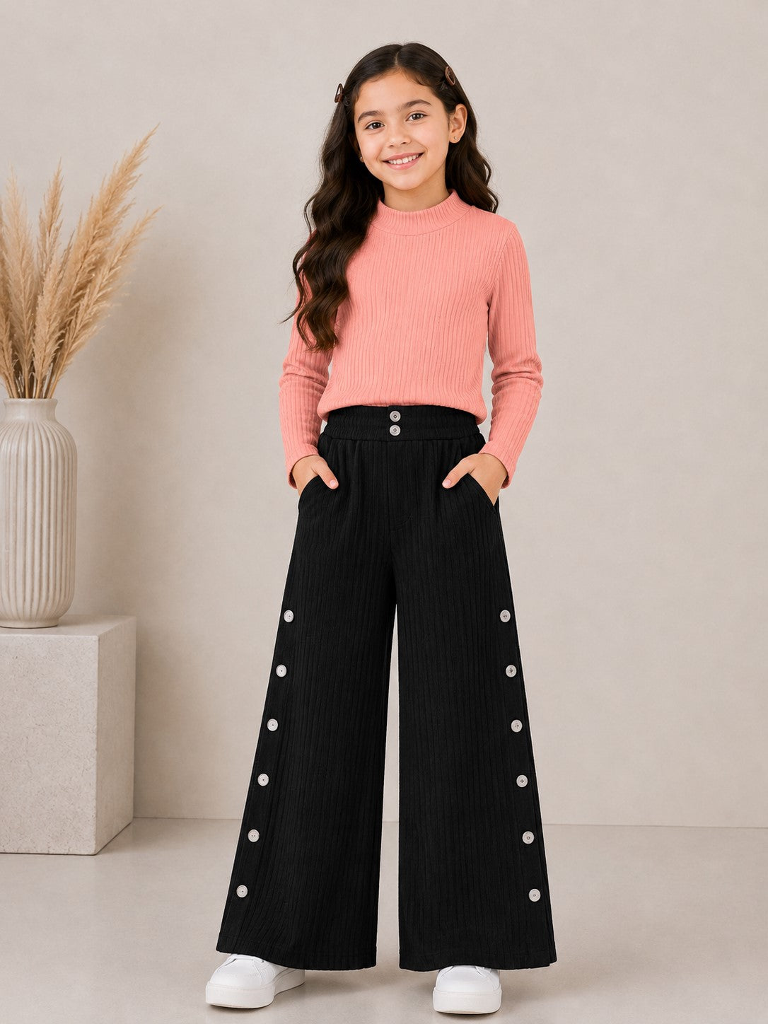 Aww Hunnie Poly wollen Full Sleeves High Neck Solid Top With Poly Cordroy Bottom Set