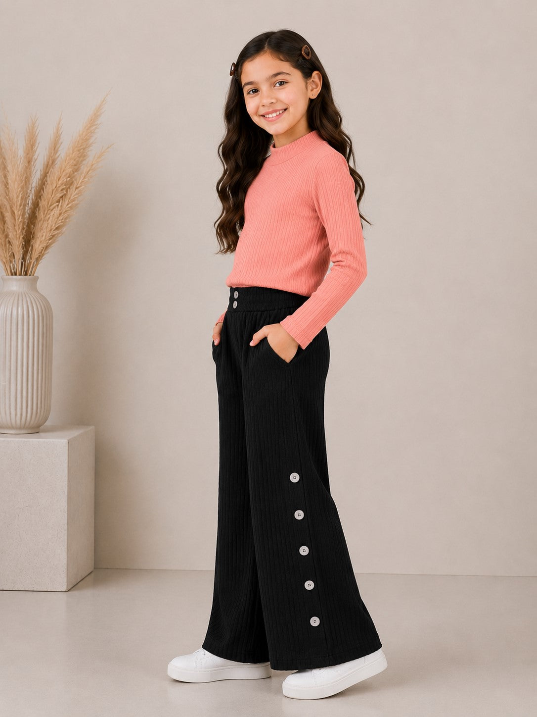Aww Hunnie Poly wollen Full Sleeves High Neck Solid Top With Poly Cordroy Bottom Set