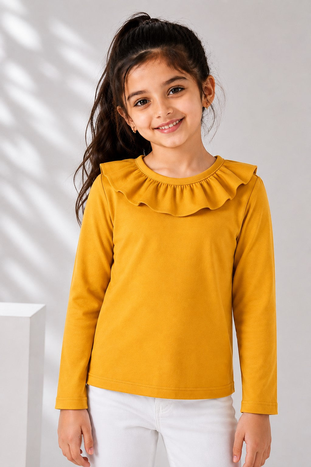 Aww Hunnie Girls Solid Full Sleeves Round Neck Cotton Top