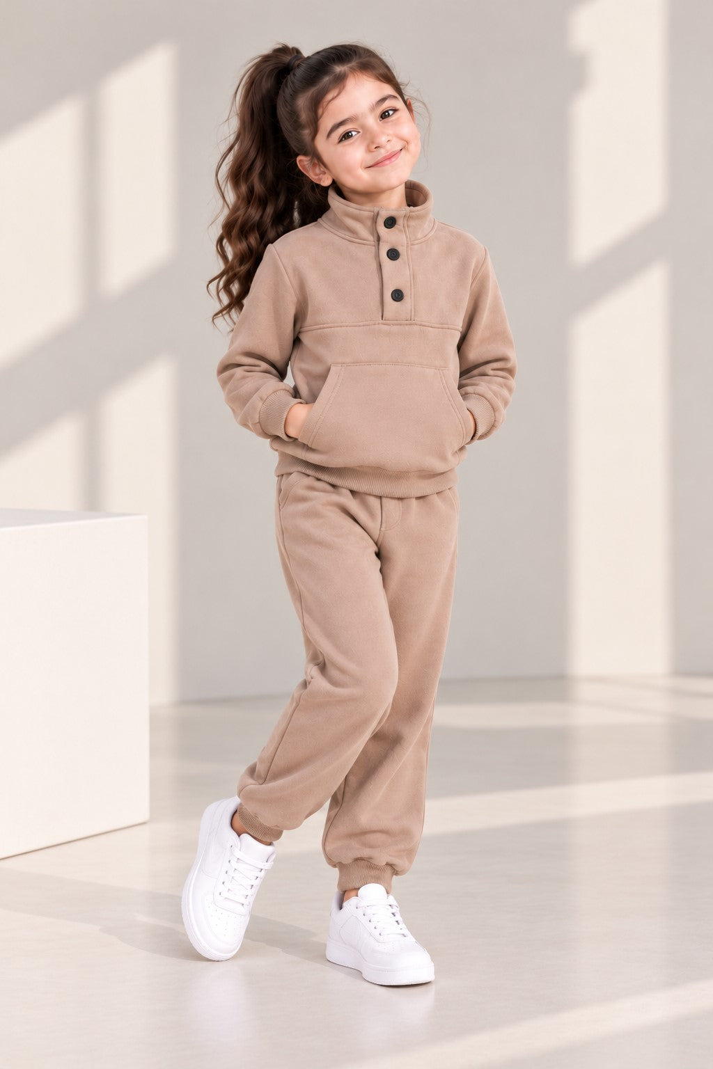 Aww Hunnie Full Sleeves Solid High-Neck Fleece Jogger Set